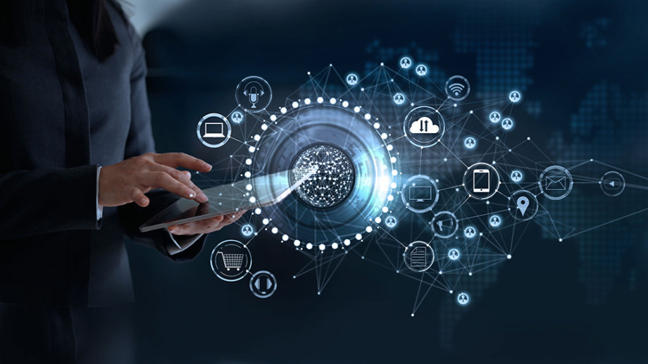 Woman touching a global network connection, Omni Channel and communications concept