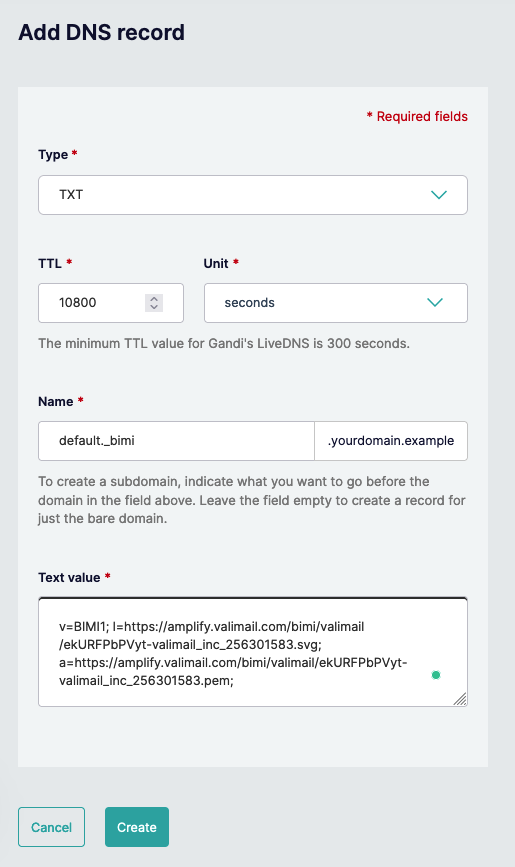 Adding a TXT record using gandi.net’s web-based DNS interface.