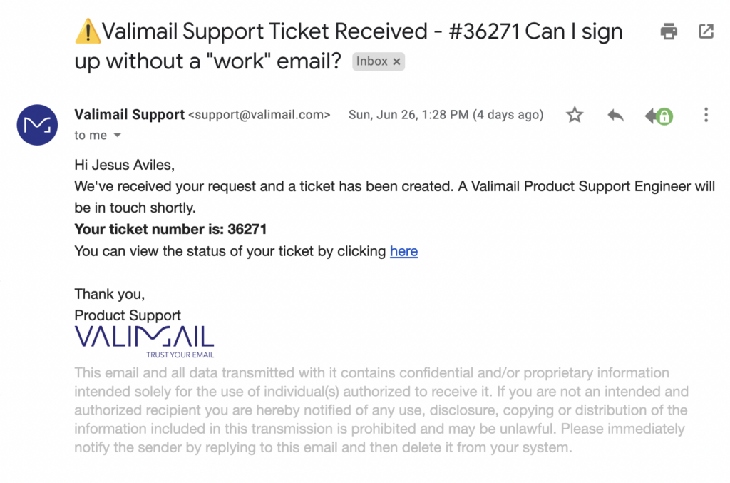 Screenshot of email from Valimail support as seen from the Gmail webmail interface, with minor redactions