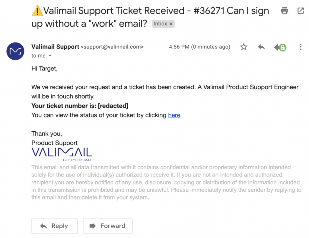 This clone phishing email is hard to distinguish from an authentic Valimail support email.