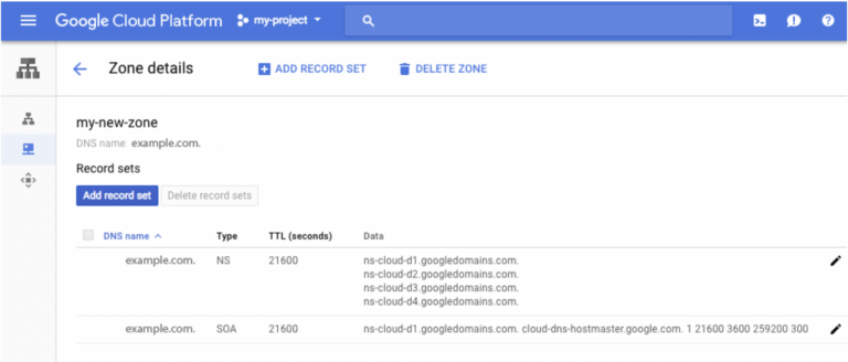 panel for adding a DNS record on GCP, one of many cloud-based DNS providers