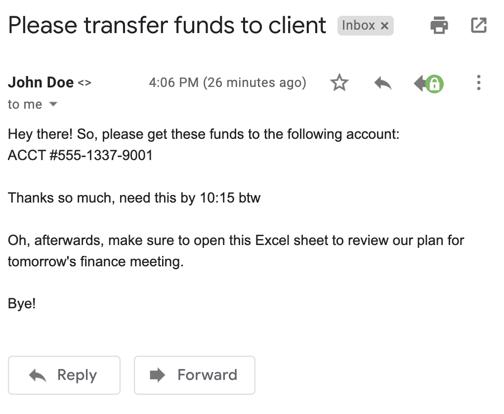 An example phishing email prompts for a funds transfer.