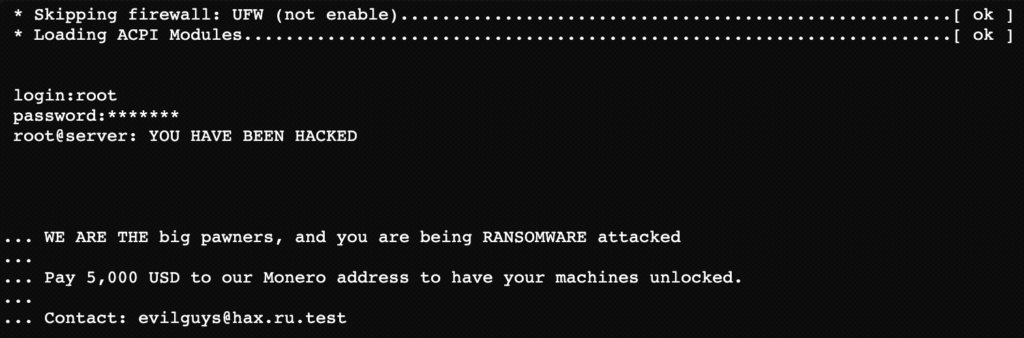 A pop-up message indicating a ransomware attack has occurred. 
