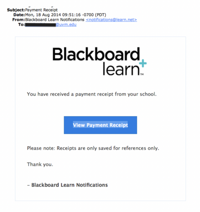 A more sophisticated payment confirmation phishing email targeting the University of Vermont 
