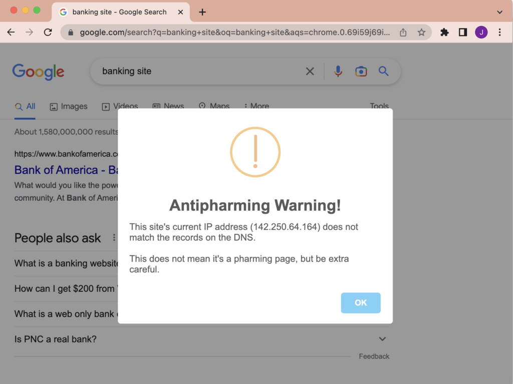 Antipharming warning example