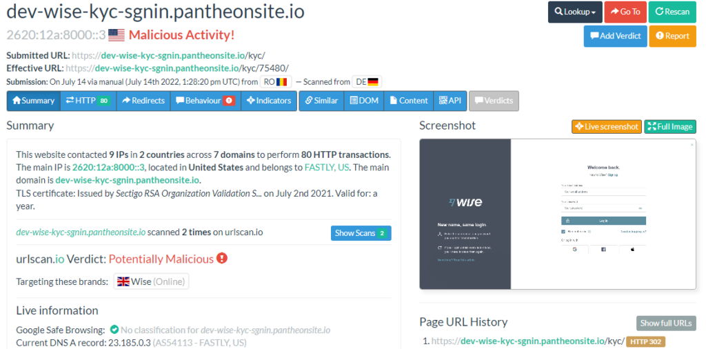 URLscan displays a snapshot of a suspicious URL