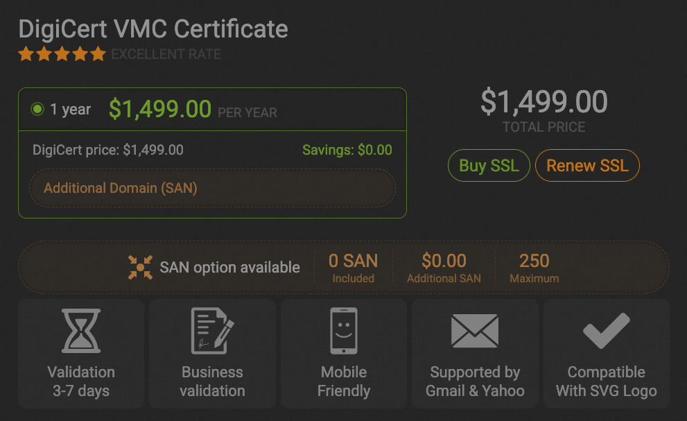 DigiCert charges 1,499 for a VMC via their market. 
