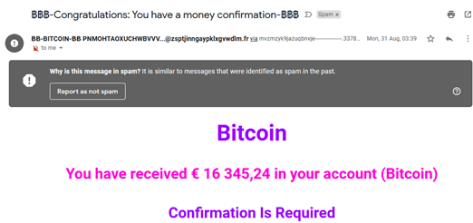 A phishing email stating the recipient received Bitcoin, which is a common indicator of a phishing attempt. 