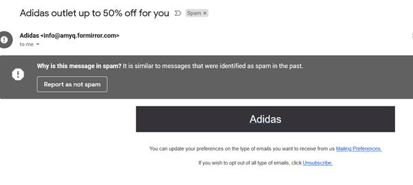 A phishing email with an unusual sender domain claiming to be from Adidas.