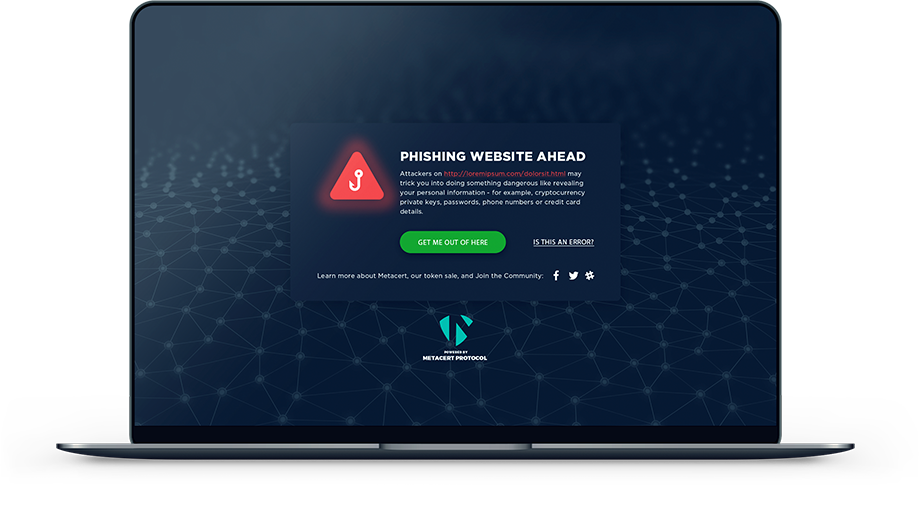 Phishing site warning from MetaCert’s Cryptonite extension for Chrome 
